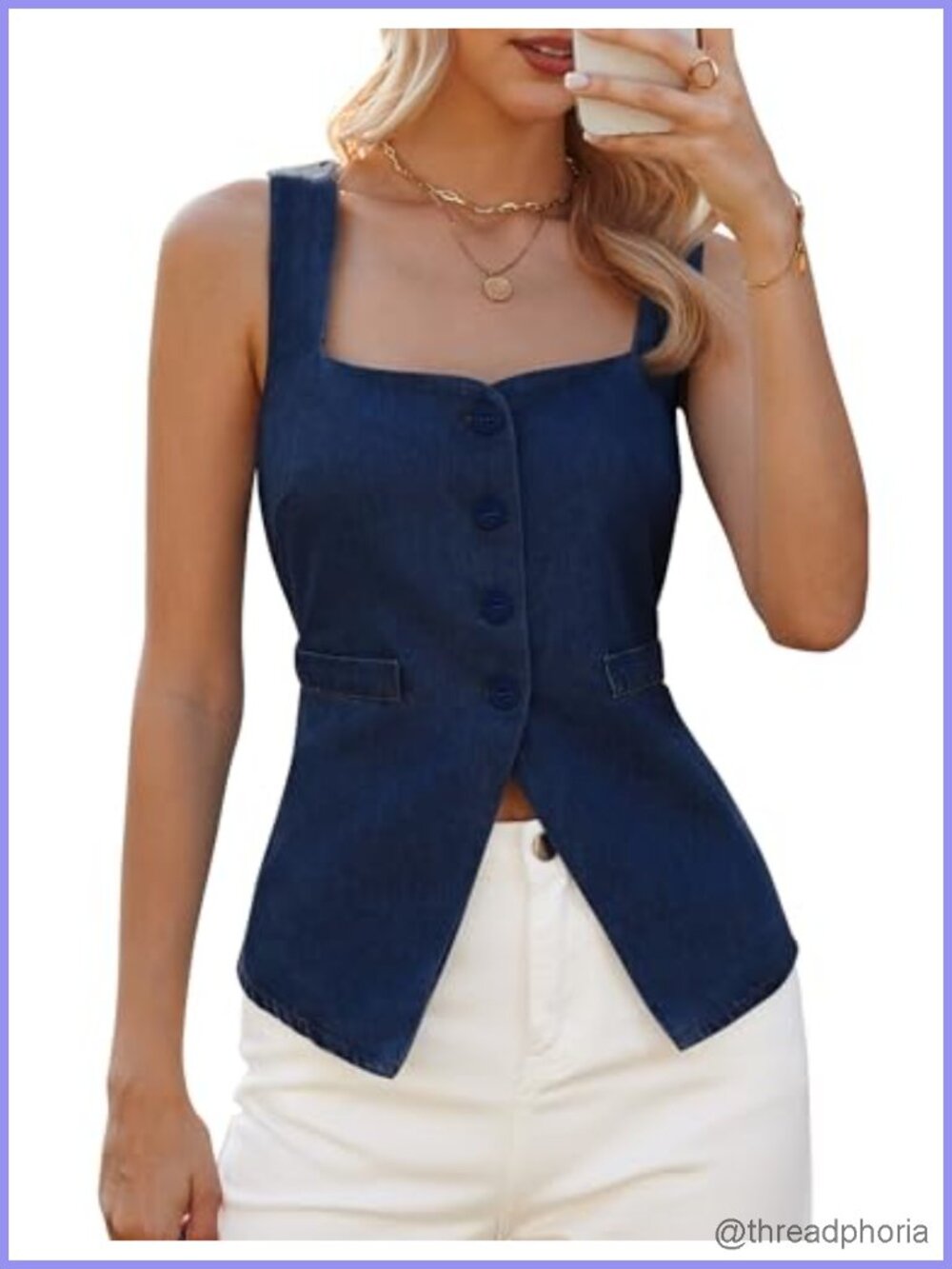 Women's Square Neck Denim Vest Top Sleeveless Button Down